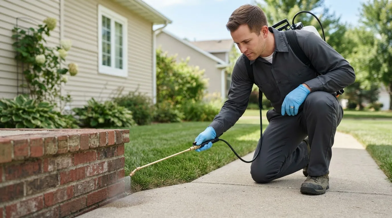 Pest control technician treating a home near Thornton, CO